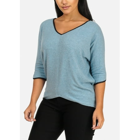 - Womens Juniors Casual 3/4 Sleeve V Neckline Asymmetrical Hem Light Blue Think Knit Top 20725R