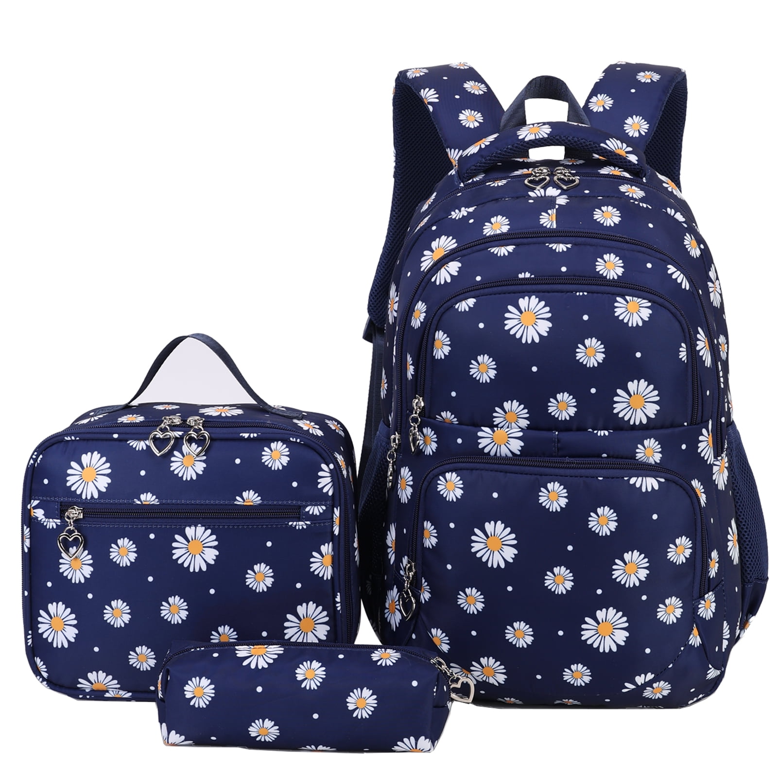 Forestfish Blue Daisy School Backpacks Set for Teen with Lunch Bag Water Resistant Lightweight Large Books Bag