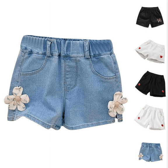 MKOSPLRT 1-10 Years Elastic Waist Jean Shorts for Girl Cute Embroidered Graphic Denim Shorts Summer Fringe Hem Jeans with Pockets Kids Clothes
