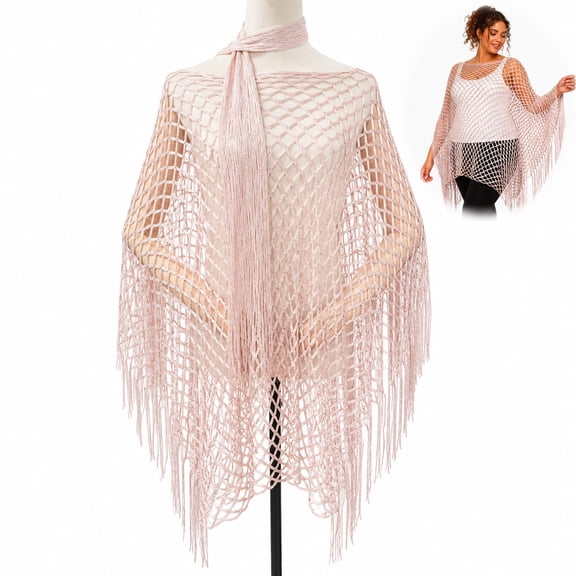 Fringe Mesh Hollow Out Pullover, Women's Crochet Beach Cover Up with Tassel Hem, Loose Hollow Knit Poncho Top for Swimwear & Vacation