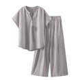 thumbnail image 2 of Casual Linen Sets for Women Summer 2 Piece Outfits New Arrivals Women’s Plus Size V-Neck Short Sleeve Tops and Wide Leg Pant Sets Vacation Travel Outfits Matching Clothing, 2 of 8