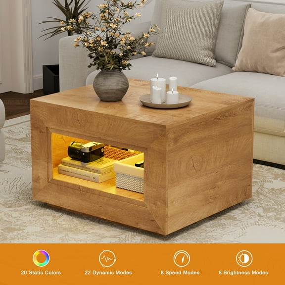 GUNAITO Lift Top Coffee Table with Storage, Wooden Convertible Coffee Table with LED Lights for Living Room, Square Center Table, Natural wood