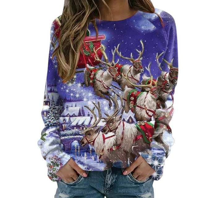 Chandail en Molleton de Noël pour Femmes Col Rond Pull Chaud Manches Longues Cardigan de Vacances Imprimé Mode Pull Mi-Long