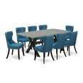 thumbnail image 6 of East West Furniture X697SI121-9 9-Pc Dining Room Set- 8 Mid Century Dining Chairs with Blue Linen Fabric Seat and Button Tufted Chair Back - Rectangular Table Top & Wooden Cross Legs - Cement and..., 6 of 10