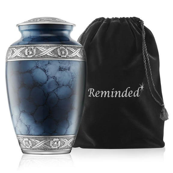 Reminded Cremation Memorial Urn for Human Ashes, Silver and Blue Adult Funeral Urn with Velvet Bag