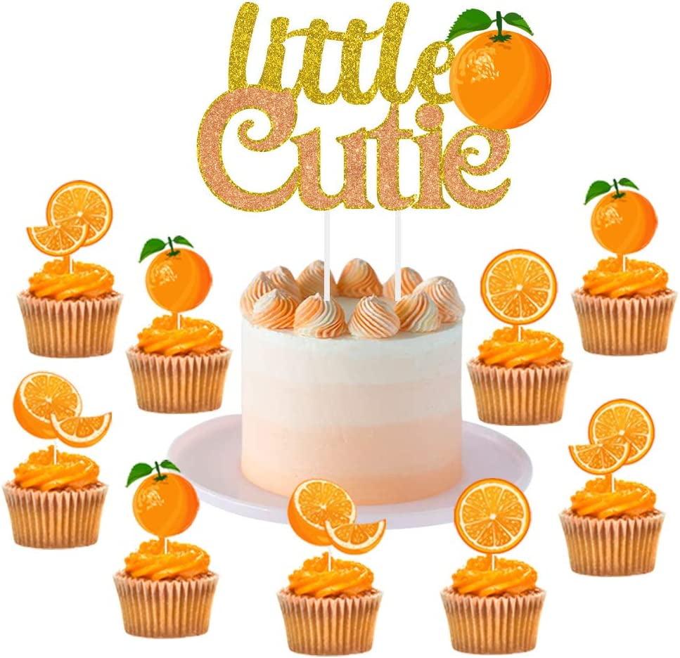Little Cutie Cake Topper Glitter and 24 Pack Orange Citrus Cupcake Picks for Little Cutie Baby
