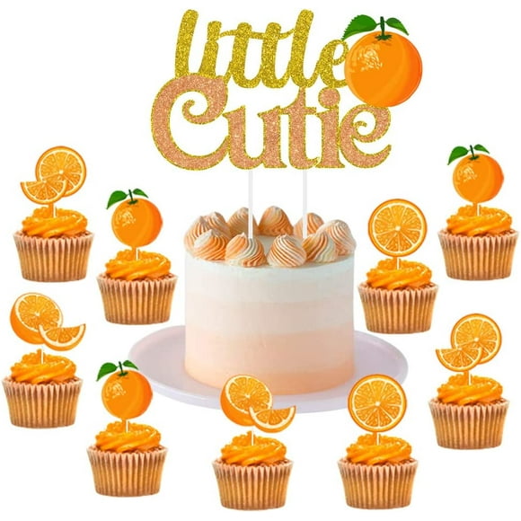 Little Cutie Cake Topper Glitter and 24 Pack Orange Citrus Cupcake Picks for Little Cutie Baby Shower, Gender Reveal, Tangerine Clementine Theme Party, Hey Cutie Party Supplies