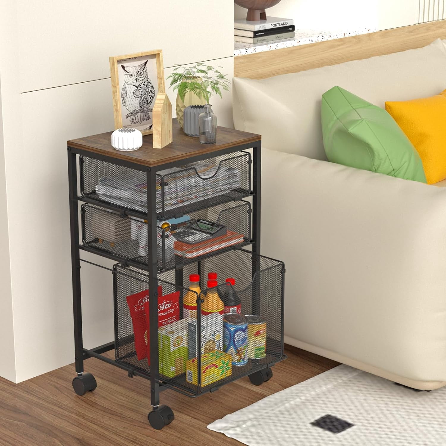 Rolling File Cart with 3 Storage Drawers, Wood & Mesh Hanging File Folder Organizer with Wheels Under Desk, File Cabinets for Home Office, 11.81"D x 14.8"W x 25.39"H, Black