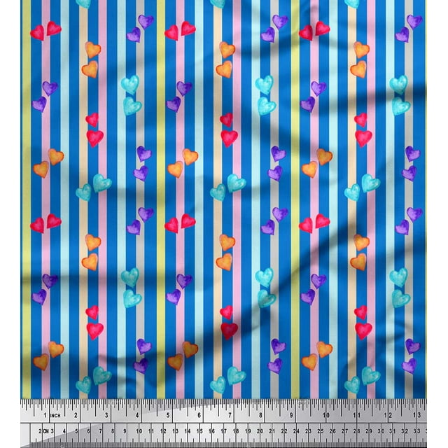 Soimoi Blue Rayon Fabric Heart Stripe Print Sewing Fabric Yard 56 Inch Wide