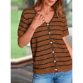 thumbnail image 3 of FreshPretty Women's Short Sleeve Sweater Spring Summer Crochet Knit Tops V Neck Striped Button Down Dressy Casual Blouses, 3 of 9