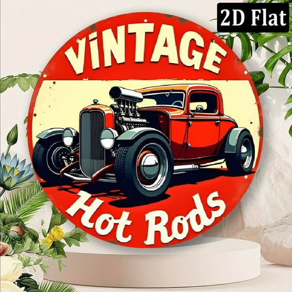1pc Vintage Red Car Round Aluminum Metal Sign - Cool Retro Wall Decor for Home, Garage, Dining Room, Cafe, Signs, Metal Wall Decor, Perfect for Room Decor 8*8inch