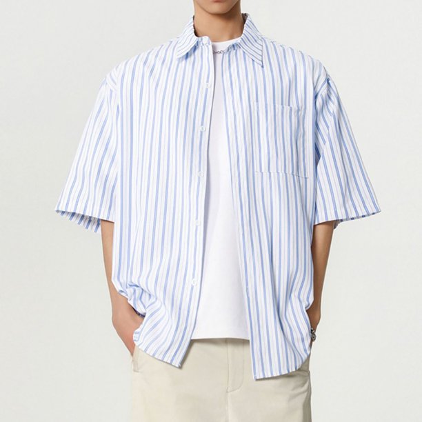 pstuiky camisetas de hombre, Camisa de manga larga vintage informal con solapa y botones a rayas para hombre camisetas de hombre l