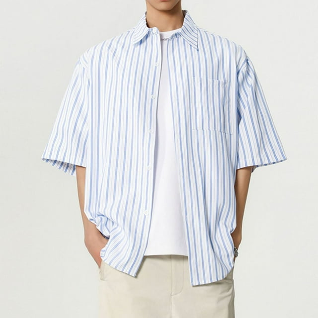 pstuiky Camisas de vestir de manga corta para hombre, Camisa de manga larga vintage informal con solapa y botones a rayas para hombre camisetas de hombre xl