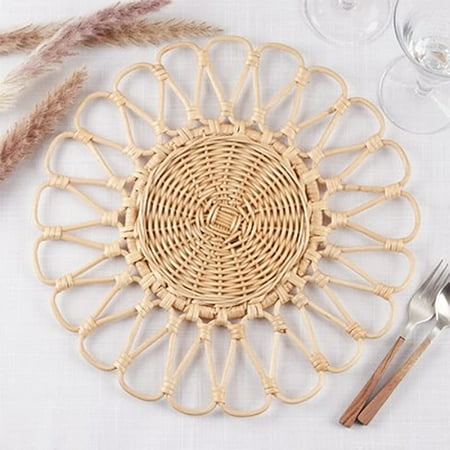 

Fennco Styles Handwoven Floral Rattan Placemat 15 Round 1- Piece - Natural Braided Boho Flower Table Mats Heat Resistant Insulation for Home Boho Décor Dining Table Banquets Special Events