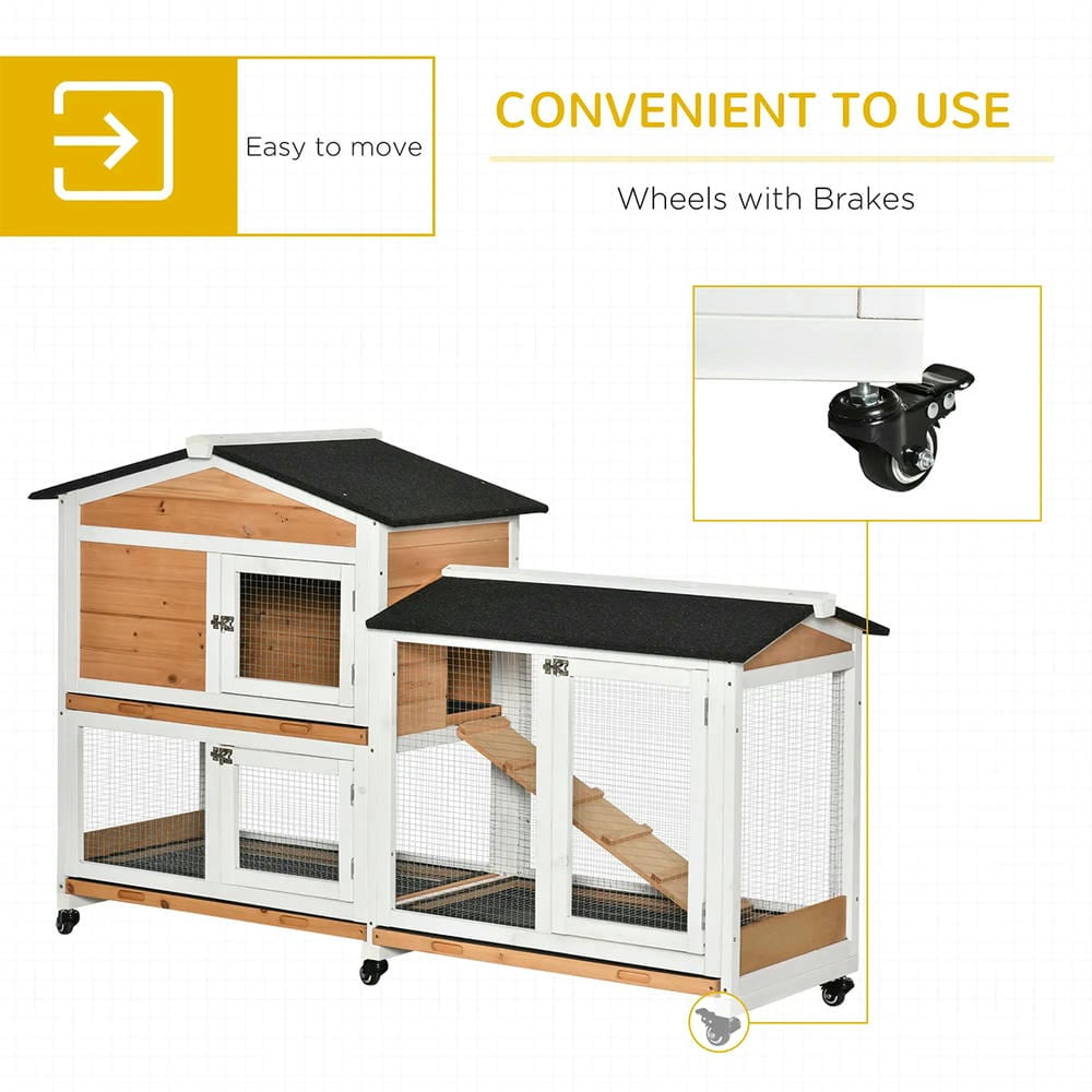 Spaco 62" Wooden Mobile Rabbit Hutch with Wheels, Run Box, Slide-out Tray, Ramp, Rabbit Hutch for Outdoor, Yellow