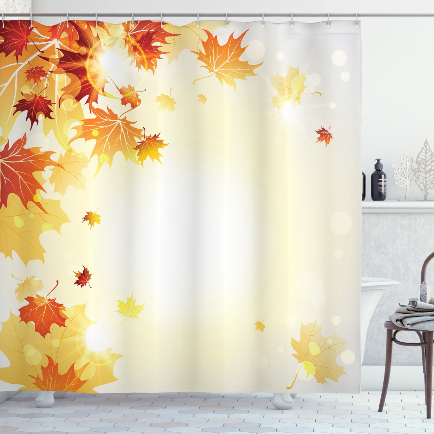 Autumn Maple Leaves Yellow Wood Plank Waterproof Fabric Shower Curtain Set 72" 