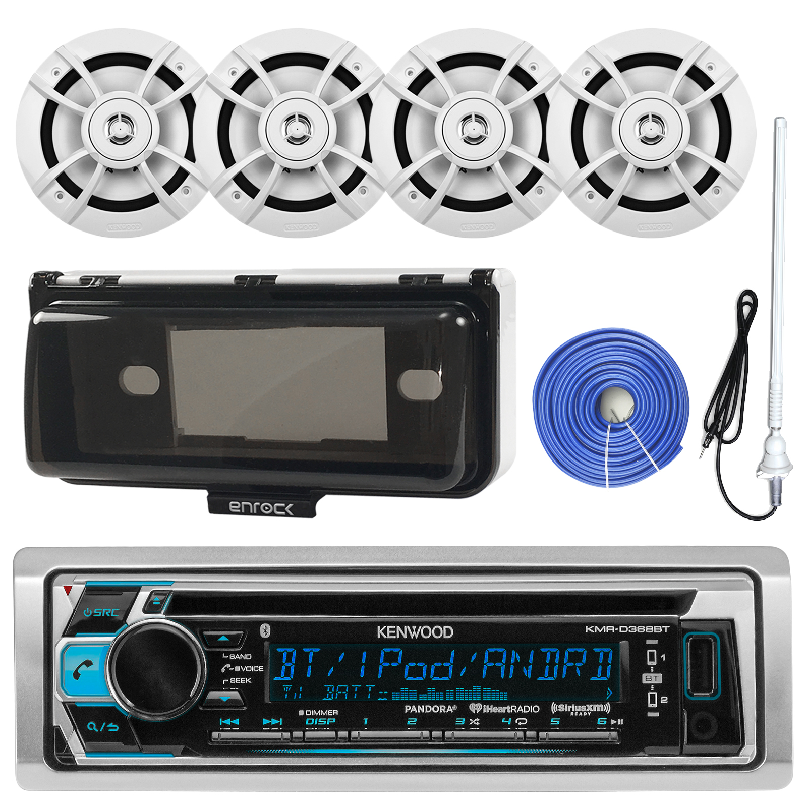 Kenwood KMRD372BT Marine Boat Audio Bluetooth CD Player Receiver W/ Protective Cover Bundle Combo With 4x 6.5-Inch 100 Watt 2-Way White Coaxial Speakers + Enrock Radio Antenna + 50Ft 14g Speaker Wire