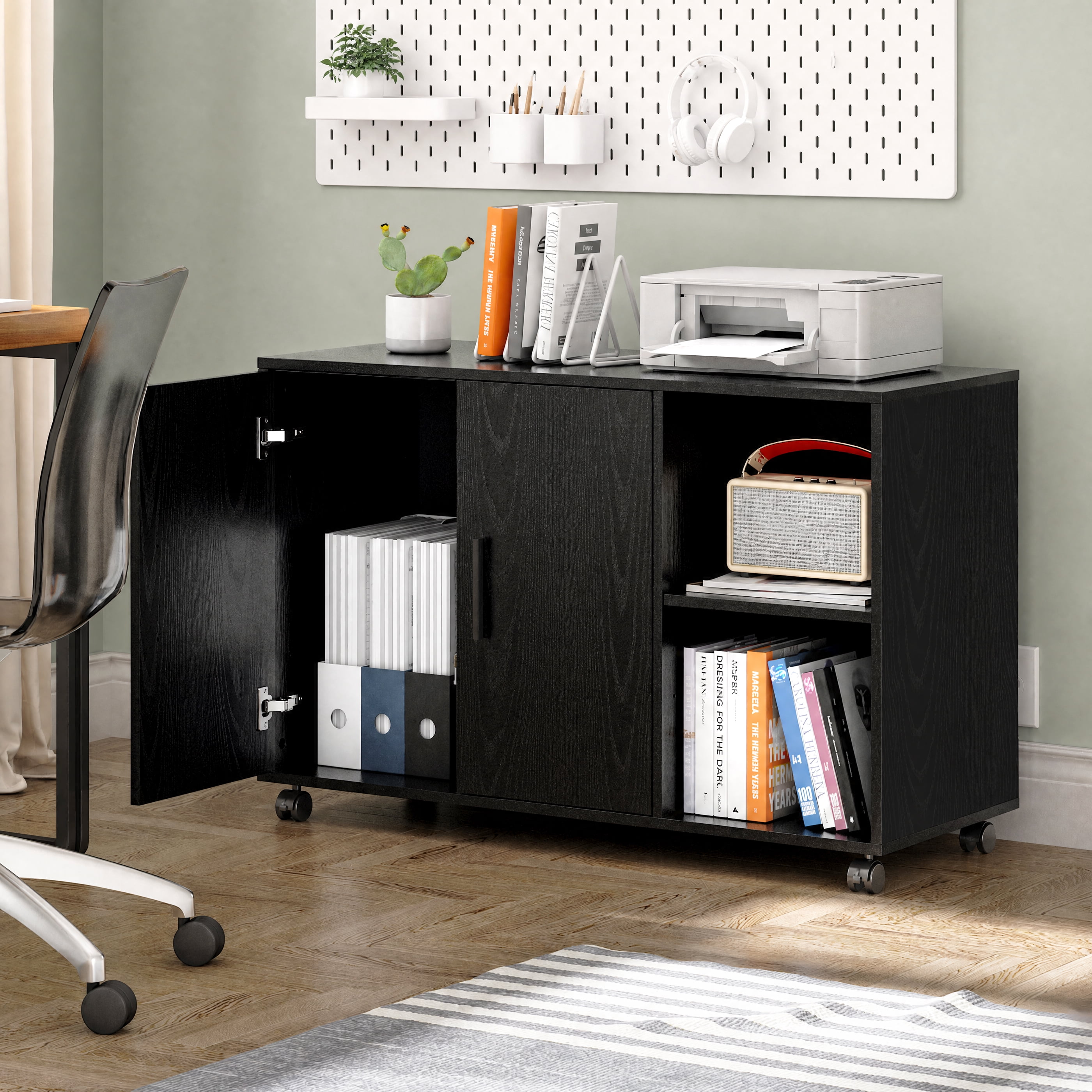 GALAXHERO Wood Storage Cabinets with Doors and Shelves, Lateral File Cabinet & Printer Stand with Storage for Home Office, Black