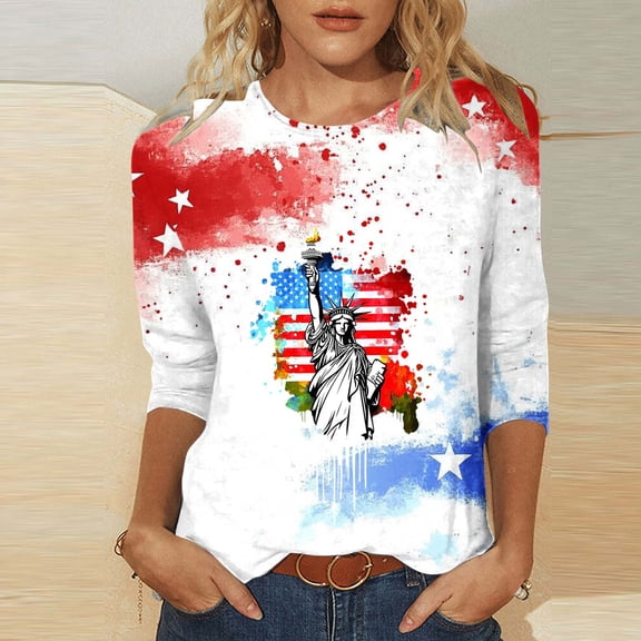 Cavosen Patriotic T Shirts for Women Red White and Blue 3/4 Sleeve Round Neck T Shirts USA Star Striped Graphic Shirts Lady XL Patriotic Casual Shirts Independence Day Tunic Tees