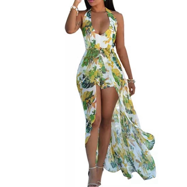 Boho Femmes Imprimé Floral Licou Col en V Long Maxi Combishort Été Sans Manches Jupe Plage Robe de Vacances