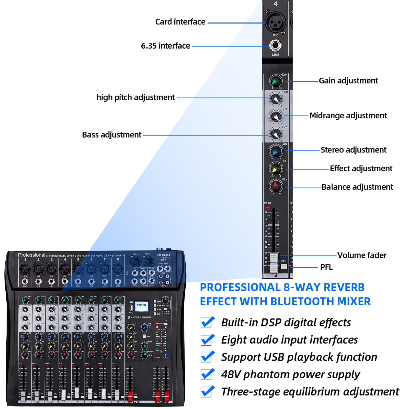Depusheng DT8 Professional Audio Mixer 8 Channel Mixing Console with USB Computer MP3 Input 48V Phantom Power Stereo DJ Studio FX Steel Chassis