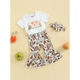 thumbnail image 3 of TSEXIEFOOFU Kid Girls Halloween Pants Set Letters Print T-shirt with Pumpkin Coffee Print Flare Pants and Bowknot Headband, 3 of 8