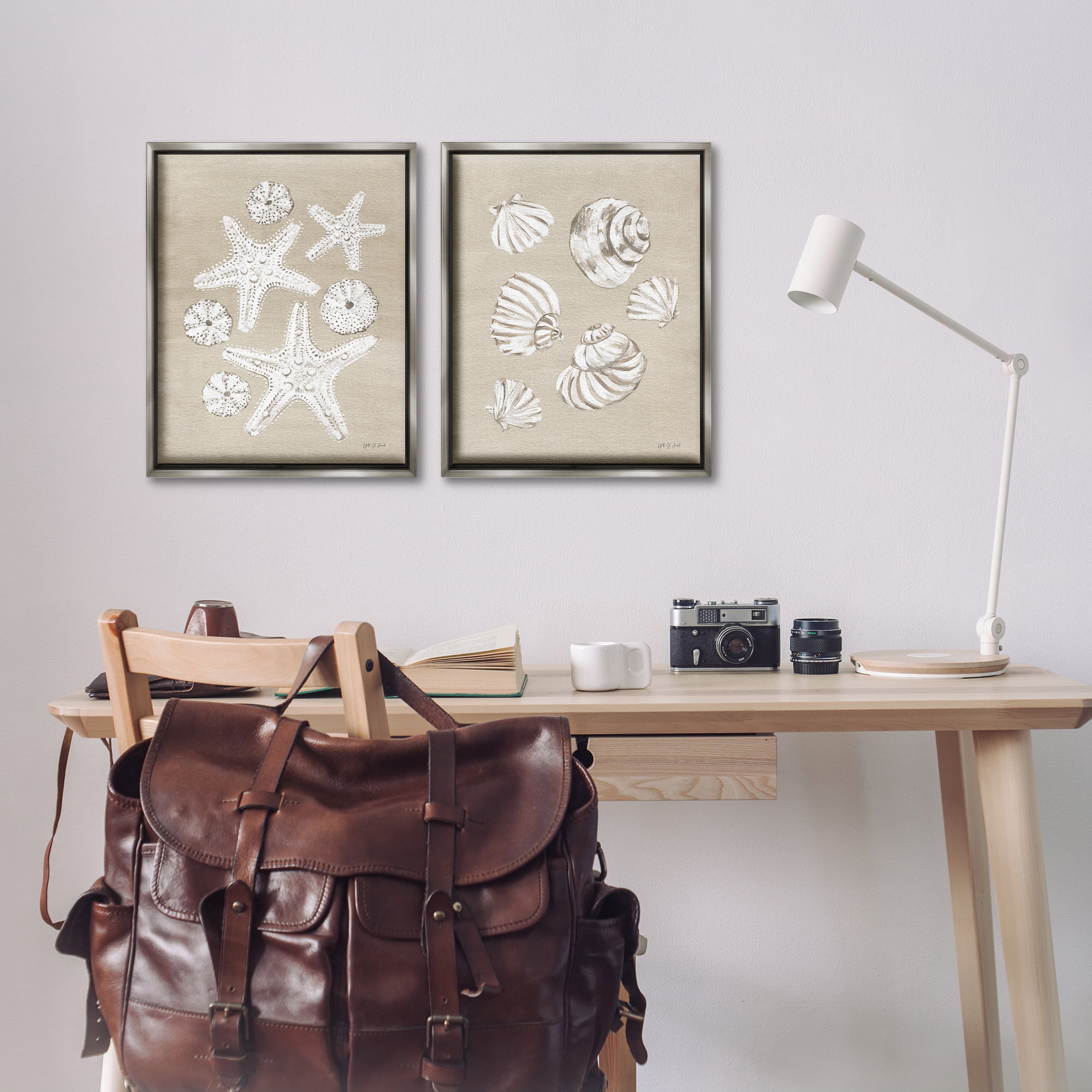 Stupell Industries Beach Treasure Starfish Shells Nautical & Beach Painting Gray Floater Framed Canvas Art Print Wall Art, 17 x 21, Set of 2