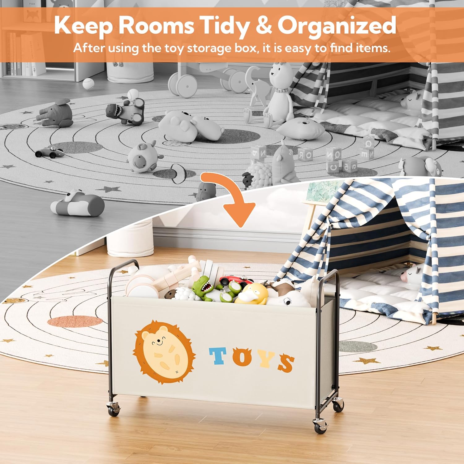 GRANNY SAYS Kids Large 135L Toy Chest, 300D Oxford Cloth & Metal Toy Storage Organizer with Lockable Silent Wheels, Beige