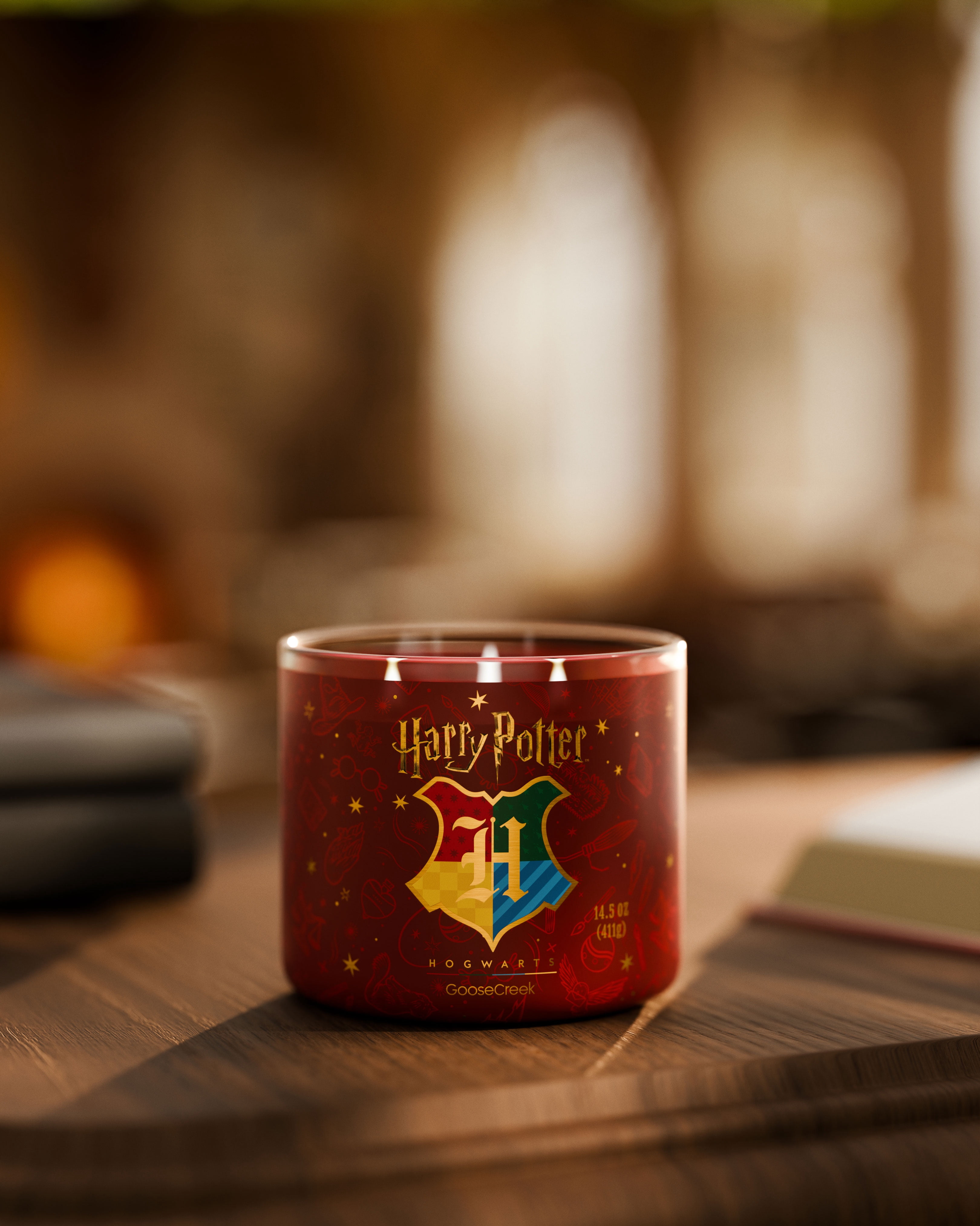 Goose Creek Harry Potter Hogwarts 3-wick Crackling Hearthwood, Whispering White Woods, Worn Leather & Spellbound Pages Scented Jar Candle, 14.5oz