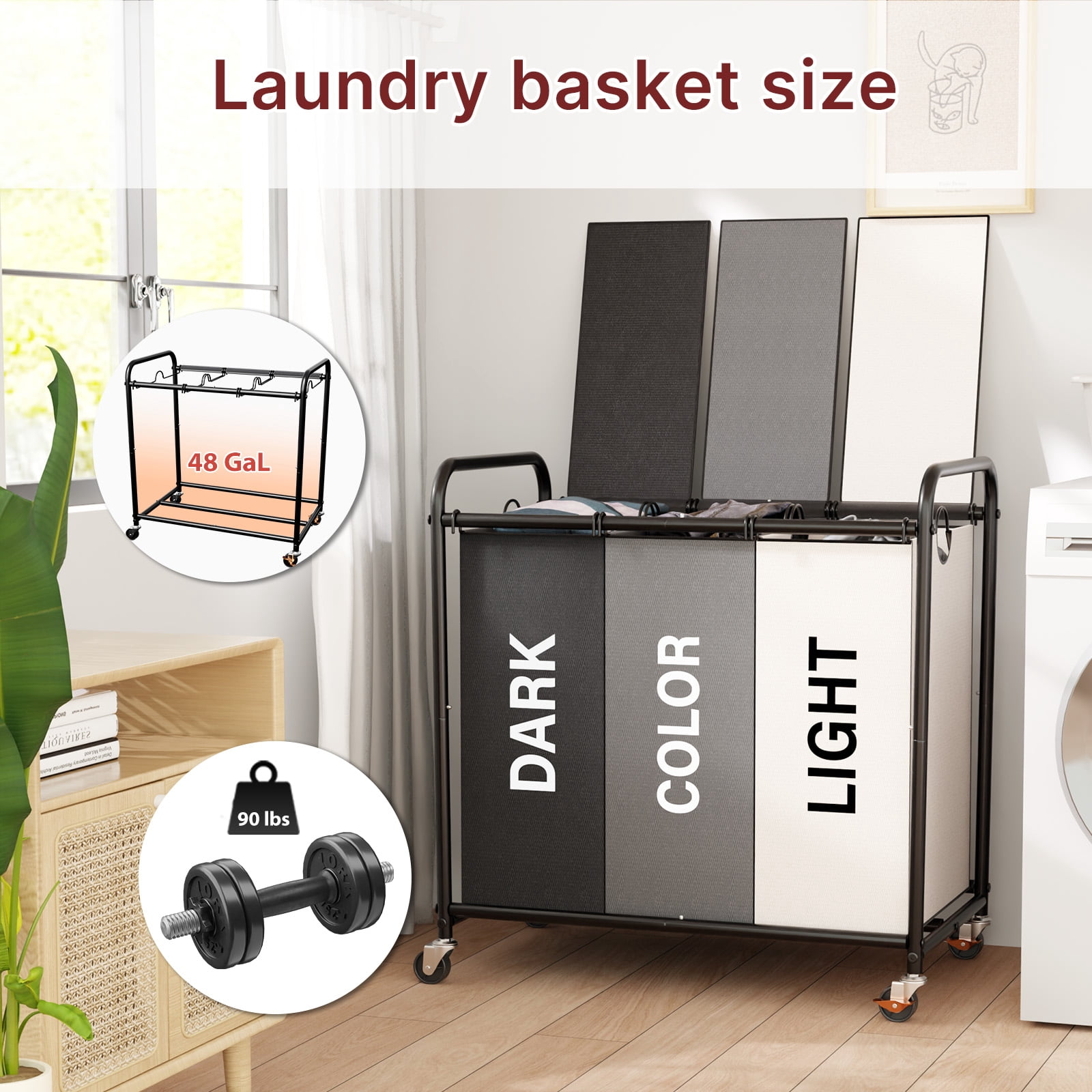 180L (47.55 Gal) Laundry Sorter 3 Section, Rolling Laundry Basket with Lockable Wheels and Lid, Laundry Hamper with 3 Separated Removable Bags Dirty Clothes Hamper for Laundry Room, Multicolored