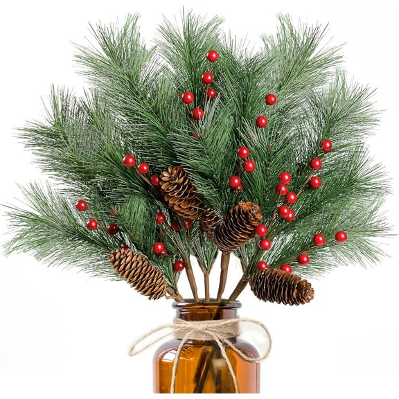 5PCS Christmas Berries Pine Picks Artificial Red Berry Pine Branches Long Faux Pine Stem with Pinecones for Xmas Tree Wreath DIY Craft Floral Arrangement Holiday Season Decor