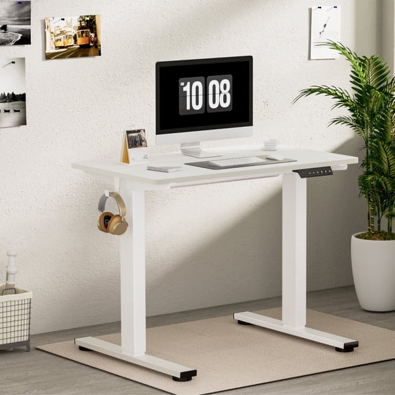 FitStand Electric Height Adjustable Standing Desk, 40"x24" One-Piece Desktop Sit Stand up Desk with 176 lbs Load, 4 Memory Heights & 2 Hooks for Home Office, White