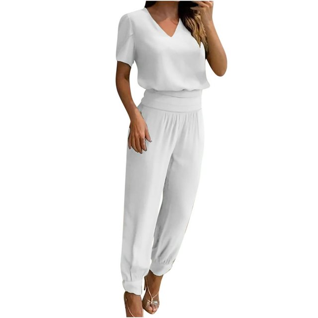 Ensemble 2 Pcs pour Femmes Été Col Uni Manches Courtes Blouse Haut + Pantalon Ample avec Poches