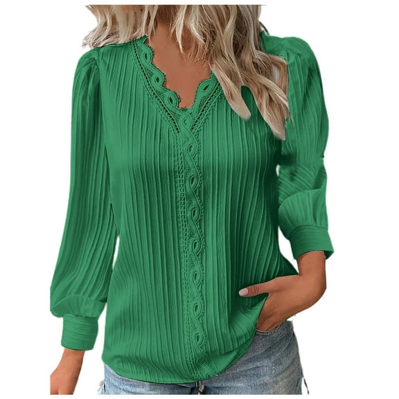 DJskiyers Blouses for Women Dressy Casual Shirts V Neck Long Sleeve Tops Lace Trim Tunic Tops Comfy Trendy Tshirts Elegant Tees, Long Sleeve Shirts for Women, Spring Shirts for Women