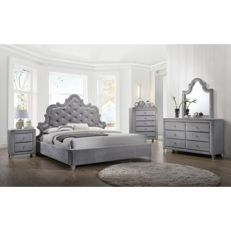meridian sophie queen size bedroom set 5pcs in grey velvet