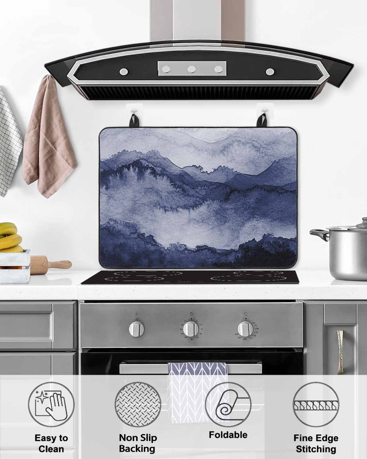 nqOlkjepod Large Induction Cooktop Protector Mat 36"x21", Navy Blue Ombre Mountain Stove Top Covers for Electric Stove, Nature Abstract Art Marble Stove Burner Cover Mats, Glass Top Stove Cover