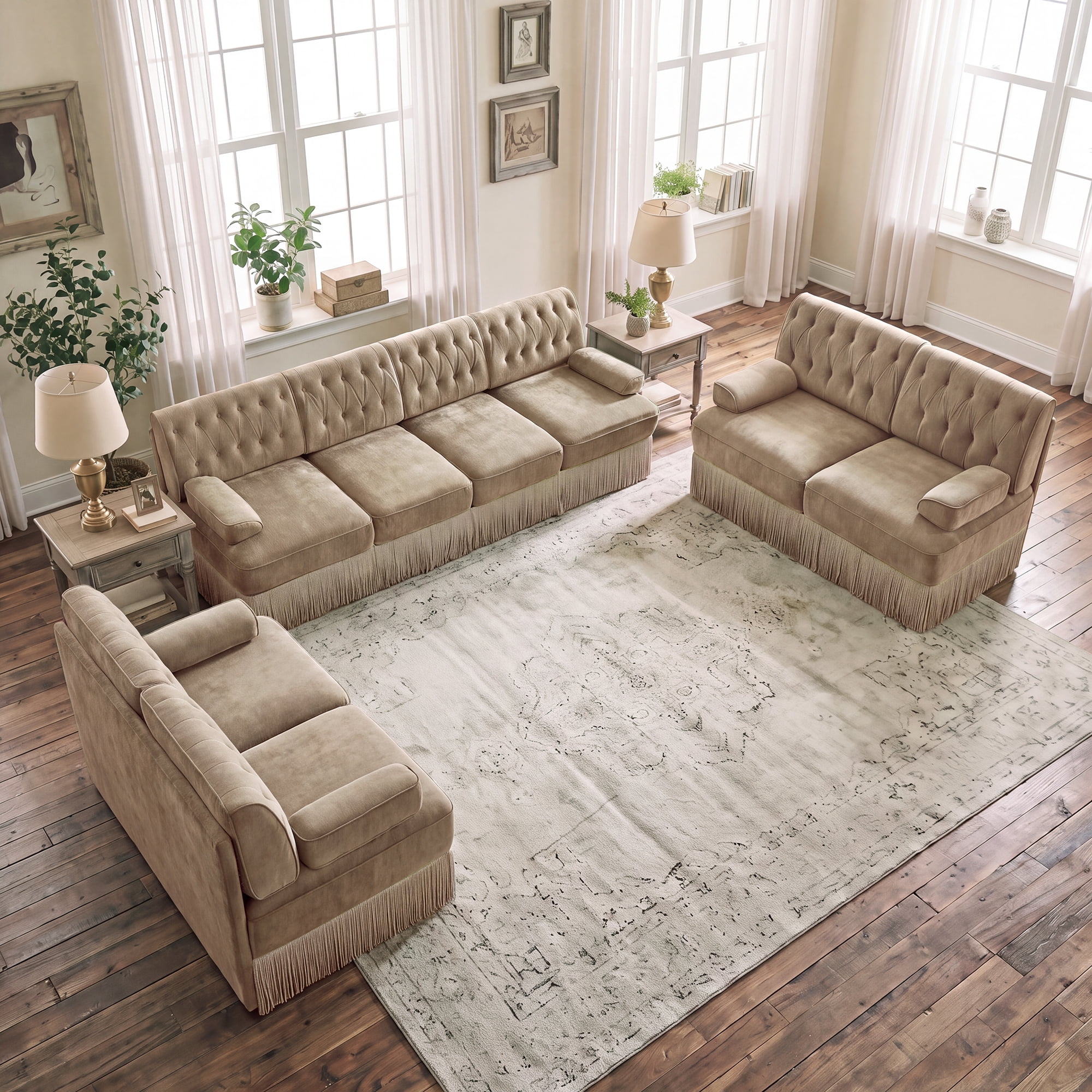 3‑Piece Sectional Sofa Set, 2 Pcs Loveseat & 1 Pcs 135" 4‑Seater Sofa Couch Set with Tassel Skirt