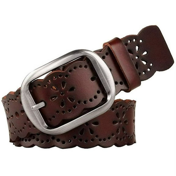 WHIPPY Women Leather Hollow Flower Belt for Jeans, Black Belt with Pin Buckle