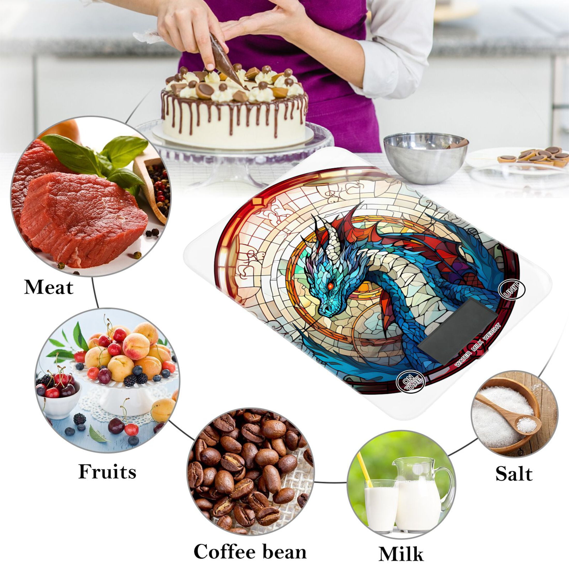 Dragon Church Window Food Scale Digital Kitchen Scale Waterproof Tempered Glass Tare Function 11 lb for Baking Cooking Meal Prep