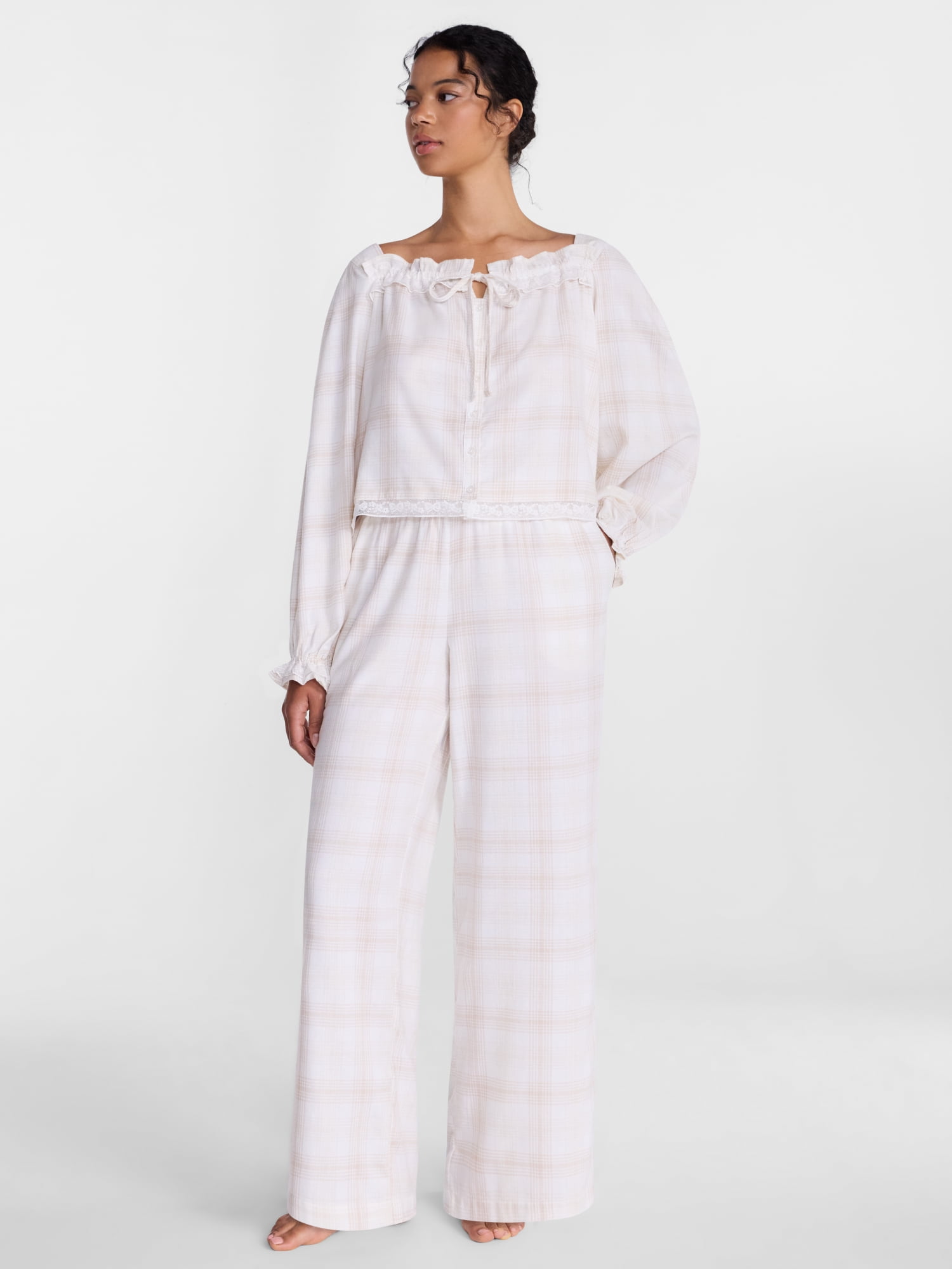 Joyspun Women's Flannel Peasant Long Sleeve Sleep Top, Sizes XS to 3X