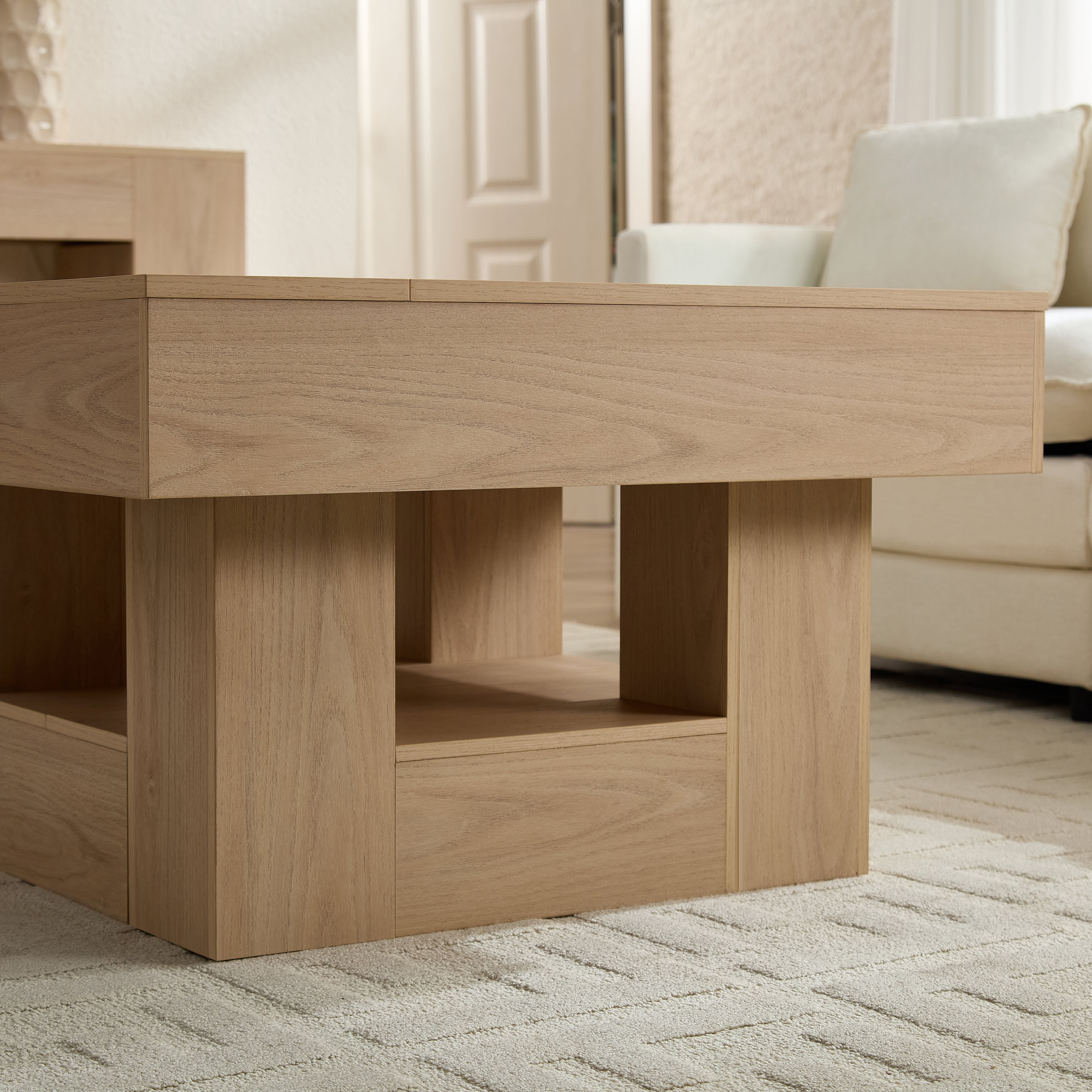 Rustic Square Coffee Table with Scalloped Edges, Industrial Engineered Wood Low Profile Cocktail Table Holds Over 300LBS for Living Room Bedroom