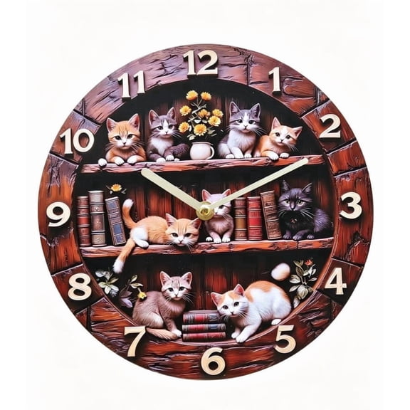 VOCOO 2D Cat Print Round Wall Clock, Silent Non-Ticking Battery Operated Wooden Clock 10 inch, Decor for Bathroom, Bedroom, Kitchen, Office School