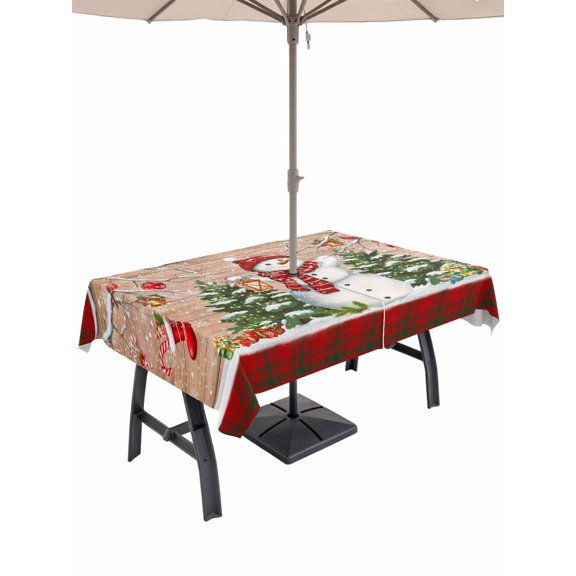 Outdoor Tablecloth with Umbrella Hole and Zipper, Christmas Rectangle Table Cloth 52x70 Inch Waterproof Tablecloth, Xmas Tree Snowman Birch Snowflakes Balls Plaid Picnic Table Cover for Patio Camping