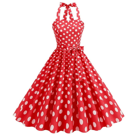 Teyfeniy Red Women Polka Dots Dresses Halter with Back Tie Up A Line Pleated Dress Sleeveless Flowy Long Dress Casual Summer Fashion Outfit Maxi Dresses