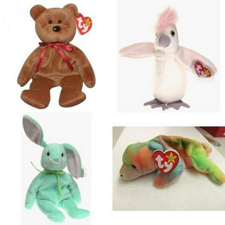 Assorted Ty Beanie Baby 4 Pack Bundle: Ty Beanie Baby Teddy 1995, Kuku the White Cockatiel, Ty Beanie Baby Hippity - Easter Mint Green Bunny Rabbit, Ty Beanie Baby Sammy The Bear