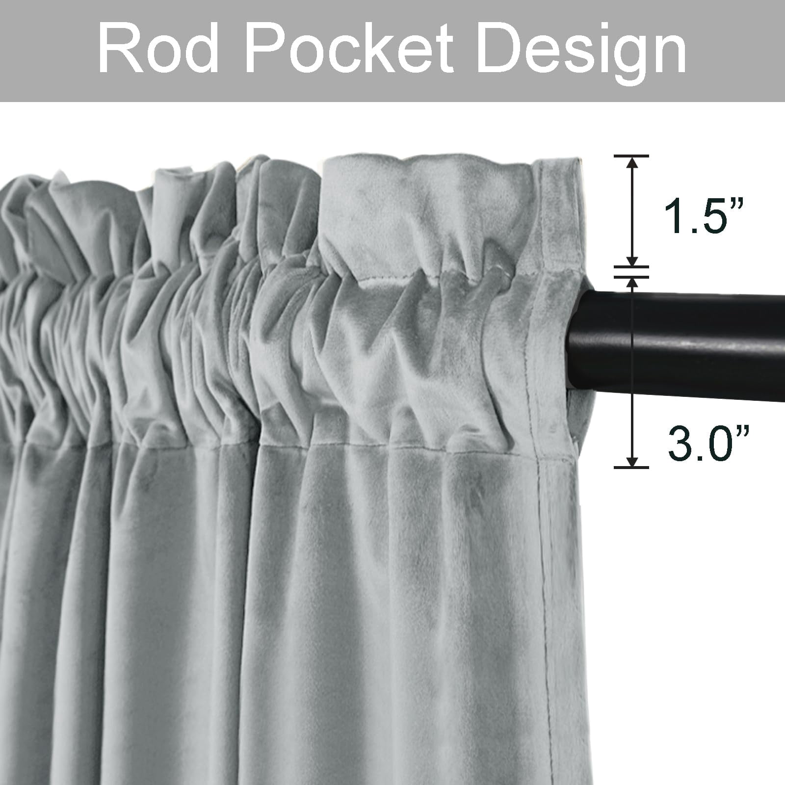 JIUZHEN Velvet Blackout Curtains for Bedroom - 63 inches Thermal Insulated Room Darkening Rod Pocket Drapes for Office/Party, Set of 2 Panels with Tiebacks, 52W x 63L, Silver Grey