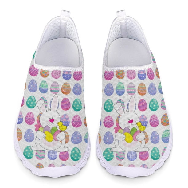 Zapatillas de deporte ligeras y transpirables con estampado de conejito de huevo colorido, zapatos casuales cómodos de verano para mujer
