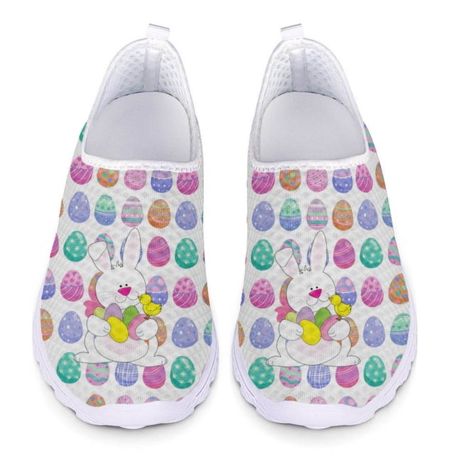 Zapatillas de deporte ligeras y transpirables con estampado de conejito de huevo colorido, zapatos casuales cómodos de verano para mujer