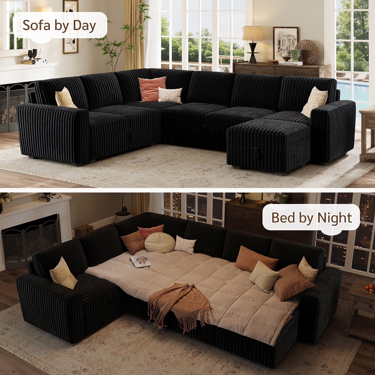 Marrber 106” Oversized Modern Plush Corduroy U-Shaped Modular 7-Seater Pull-Out Sectional Sleeper Sofa Bed with Hidden Storage for Living Room and Apartment, Pet-Friendly Fabric, Easy Assembly, Black