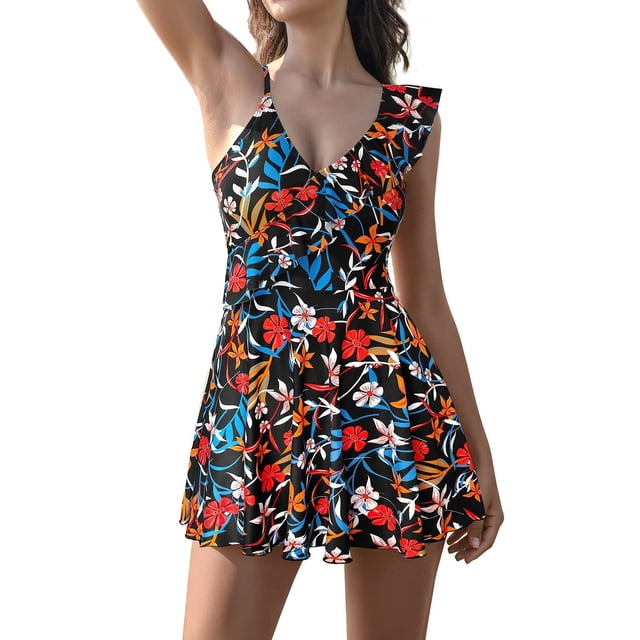 Women's Hombros asimétricos One Piece Swimdress Ruffle Flounce Printed Traje de baño impresión-FDY M impresión-FDY M Xishao ropa